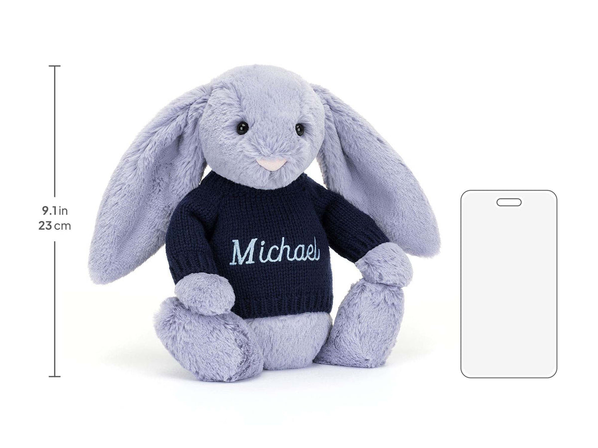 Bashful Viola Bunny with Personalized Navy Jumper, size chart