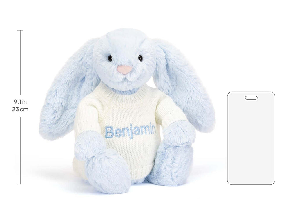 Bashful Blue Bunny with Personalized Cream Jumper, size chart