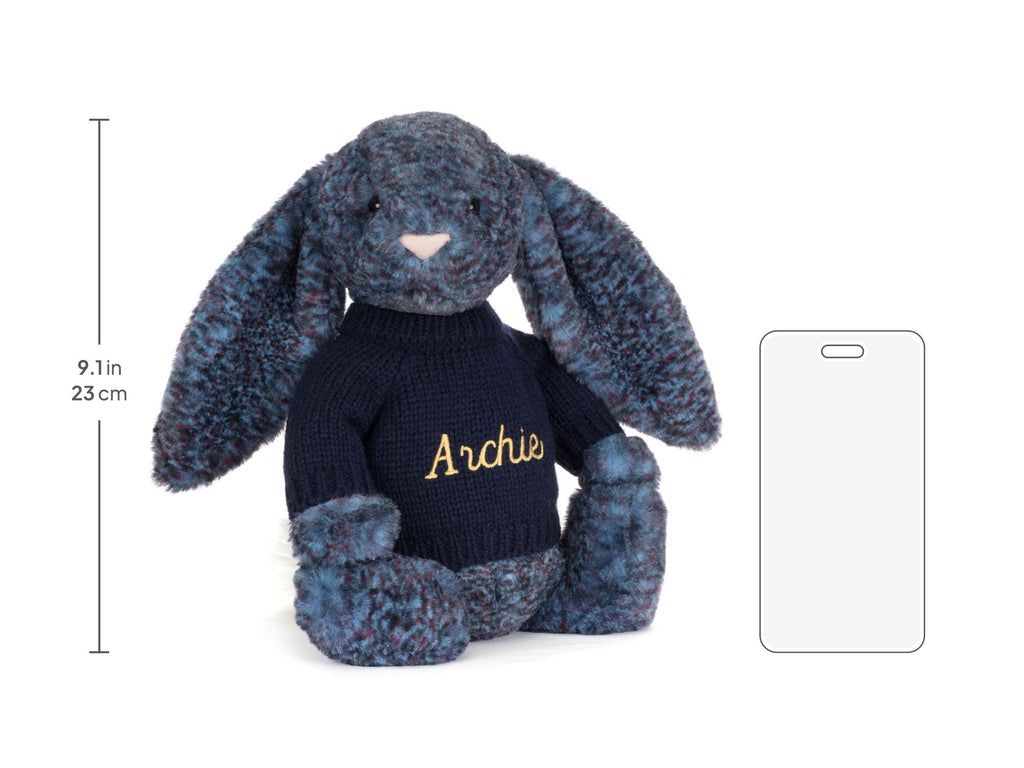 Bashful Hopscone Luxe Bunny with Personalized Navy Jumper, size chart