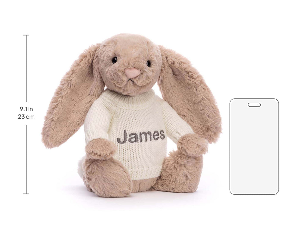 Bashful Beige Bunny with Personalized Cream Jumper, size chart