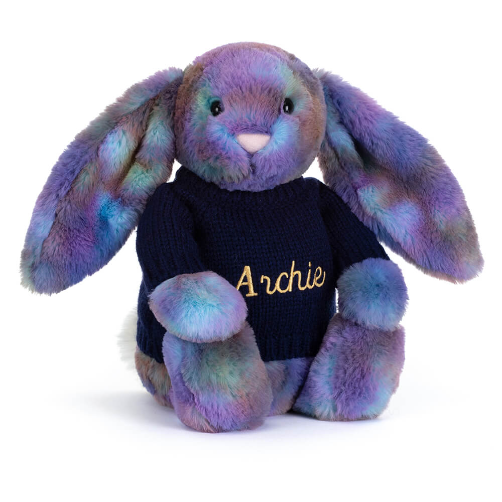 Zodihop Luxe Bunny with Personalised Navy Jumper, Main View