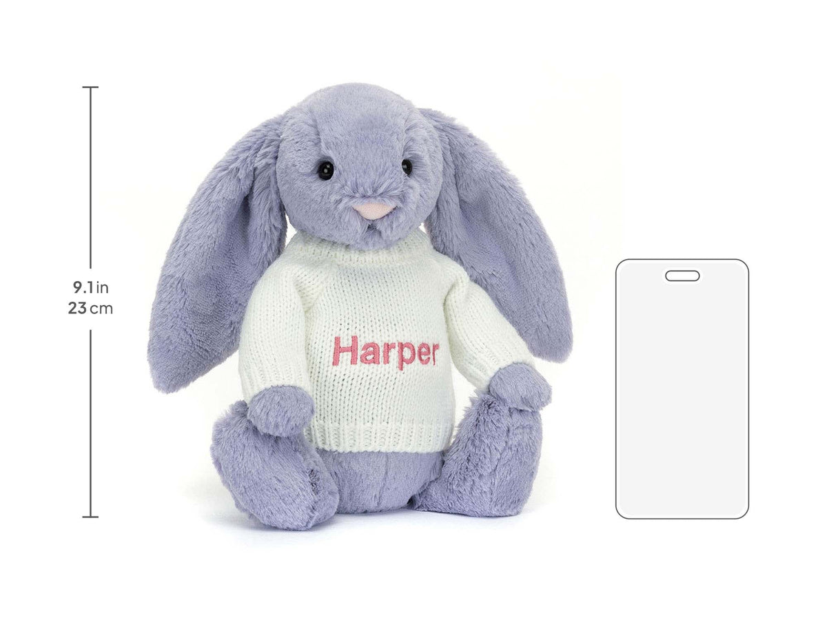 Bashful Viola Bunny with Personalized Cream Jumper, size chart