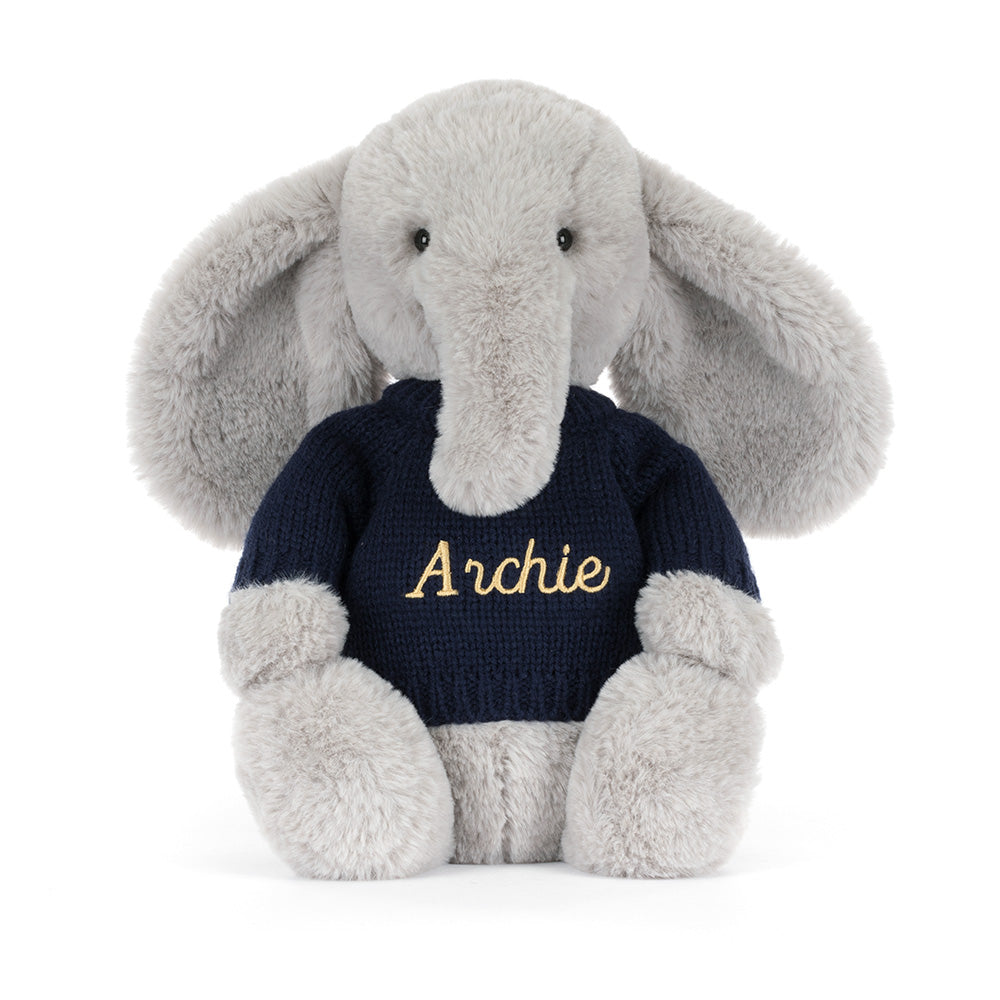 Bashful Luxe Elephant Thuddeus with Personalised Navy Jumper, View 4