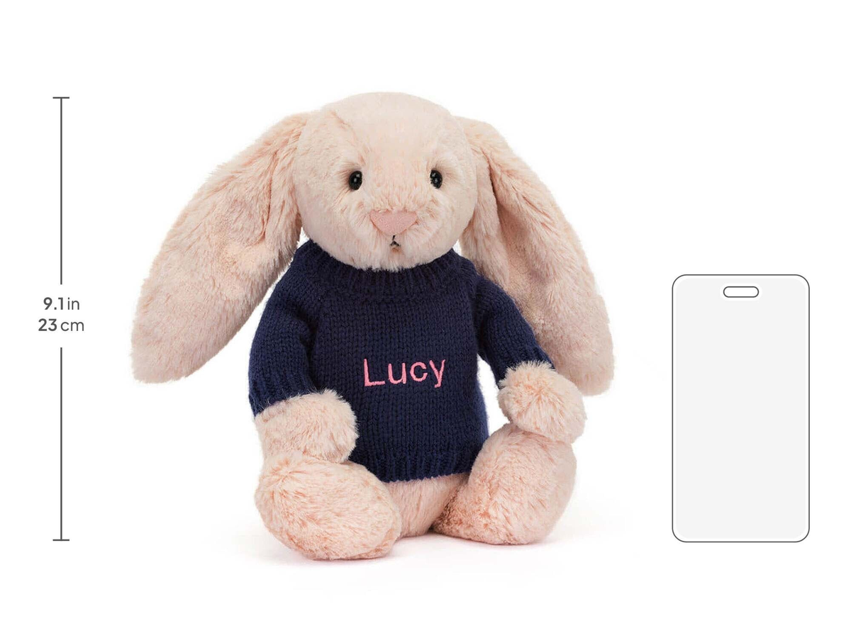 Bashful Blush Bunny with Personalized Navy Jumper, size chart
